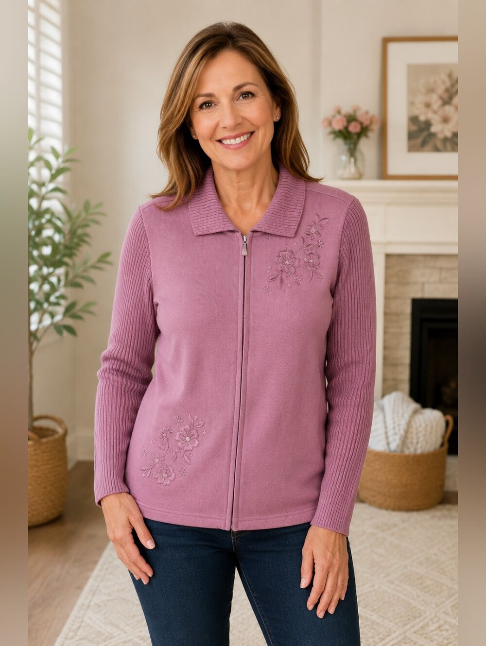 Alfred Dunner Garden Rose Embroidered Full Zip Sweater Size 6P NWT $68 Lightweig